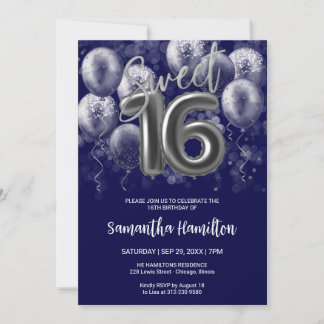 Silver Foil Sweet 16 Bday Balloons Royal Blue Einladung