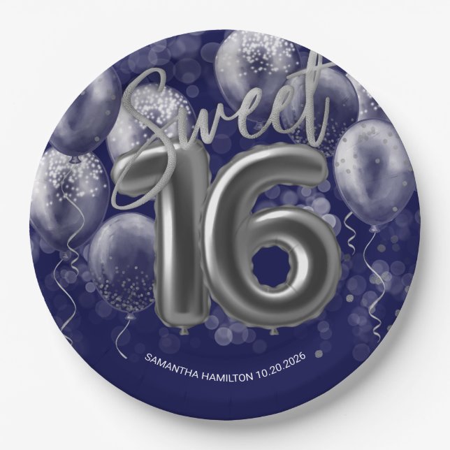 Silver Foil Sweet 16 Bday Balloons Royal Blue Pappteller (Vorderseite)