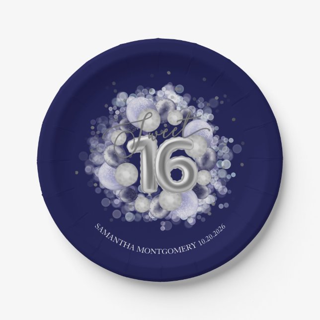Silver Foil Sweet 16 Bday Balloons Royal Blue Pappteller (Vorderseite)