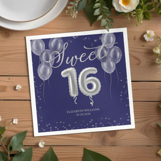 Silver Foil Sweet 16 Bday Balloons Royal Blue Serviette (Von Creator hochgeladen)