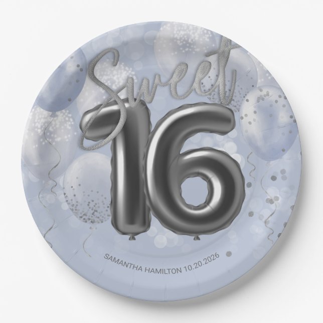 Silver Foil Sweet 16 Birthday Balloons Dusty Blue Pappteller (Vorderseite)