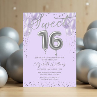 Silver Foil Sweet 16 Birthday Balloons Lavender Einladung