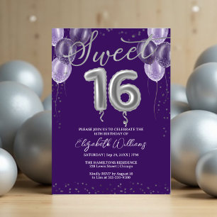Silver Foil Sweet 16 Birthday Balloons Lila Invi Einladung
