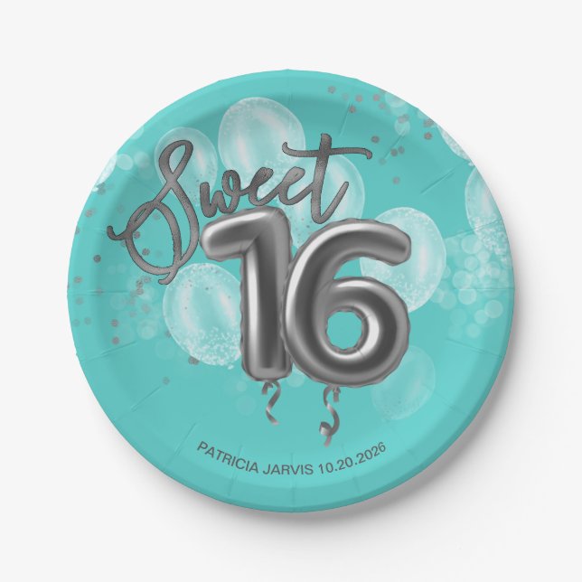 Silver Foil Sweet 16 Birthday Balloons Party Aquam Pappteller (Vorderseite)