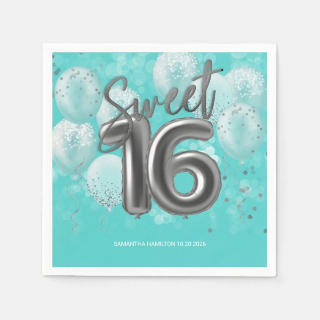 Silver Foil Sweet 16 Birthday Balloons Party Aquam Serviette (Vorderseite)