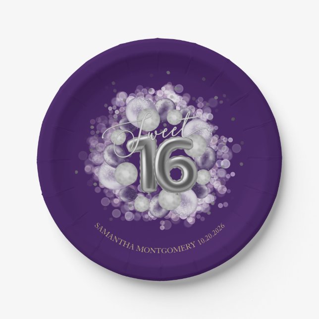 Silver Foil Sweet 16 Birthday Balloons Party Pappteller (Vorderseite)