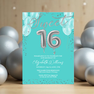 Silver Foil Sweet 16 Birthday Balloons Royal Aquam Einladung