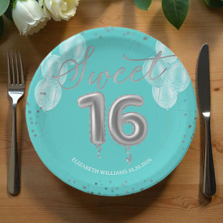 Silver Foil Sweet 16 Birthday Balloons Royal Aquam Pappteller