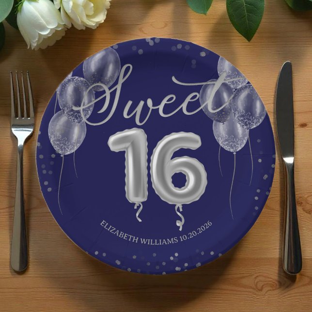 Silver Foil Sweet 16 Birthday Balloons Royal Blue Pappteller (Von Creator hochgeladen)