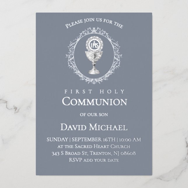 Silver foil text First Holy Communion boy Folieneinladung (Vorderseite)