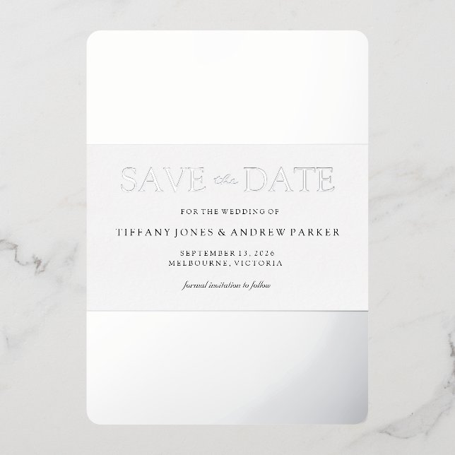 Silver Foil Trendy Moderne Hochzeit retten das Dat Folieneinladung (Vorderseite)