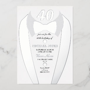 Silver Foil Tuxedo Anzug Mens 40. Geburtstag Party Folieneinladung