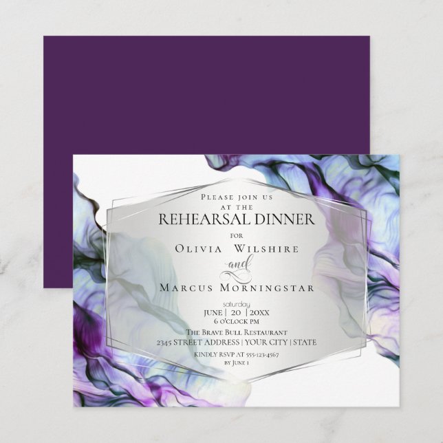 Silver Frame Abstrakt Plum Aquamarine Blende Tinte Einladung (Vorne/Hinten)