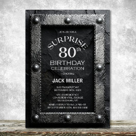 Silver Frame Black Slate Surprise 80th Birthday Einladung
