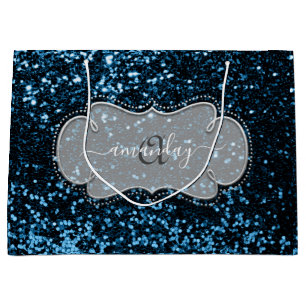Silver Frame Blue Navy Royal Monogram Name Glitzer Große Geschenktüte