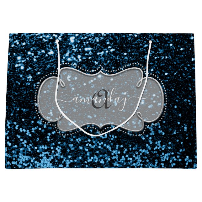 Silver Frame Blue Navy Royal Monogram Name Glitzer Große Geschenktüte (Vorderseite)