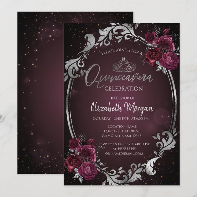 Silver Frame Burgundy Rose Dunkle Quinceañera Einladung (Vorne/Hinten)