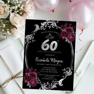 Silver Frame Burgundy Rose Schwarz 60. Geburtstag Einladung