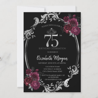 Silver Frame Burgundy Rose Schwarz 75. Geburtstag Einladung
