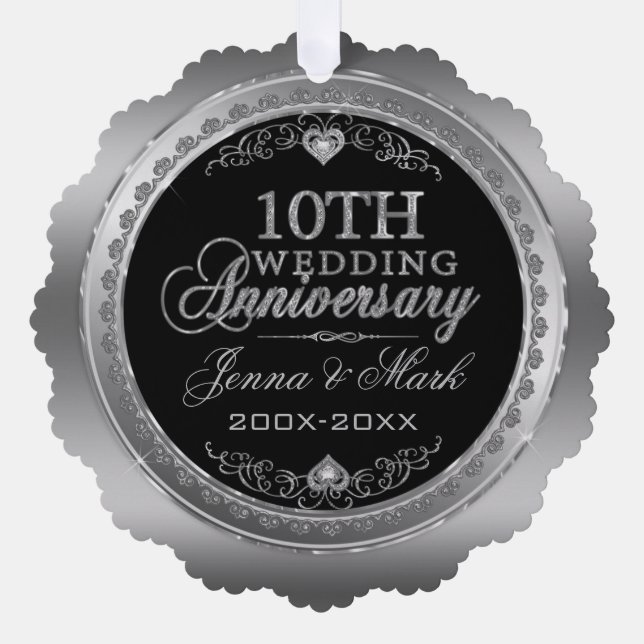 Silver Frame & Hearts 10. Hochzeitstag Ornament Karte (Vorderseite)