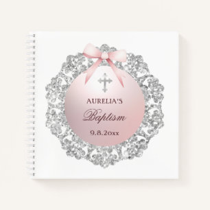 Silver Frame Pink Bow Taufen Square Gästebuch Notizbuch