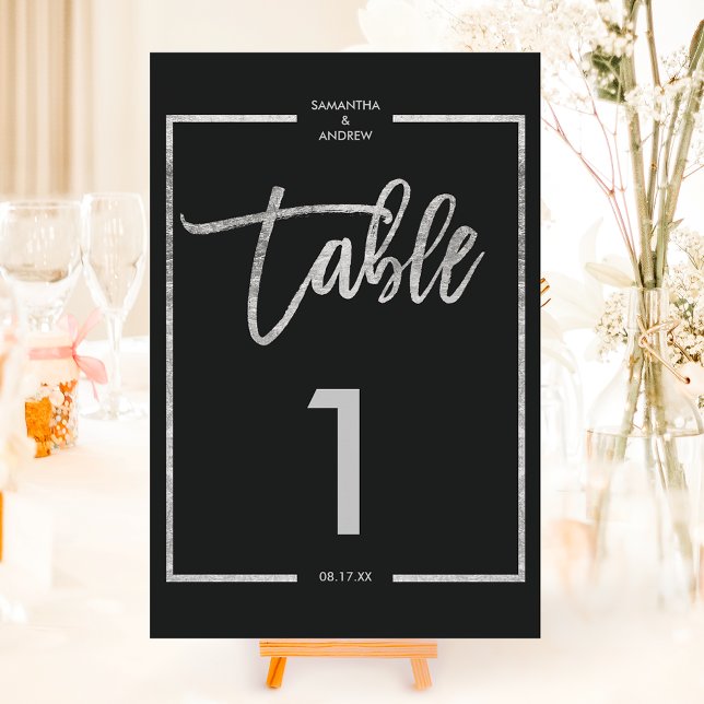 Silver frame script black table number einladung (Silver frame script black table number)