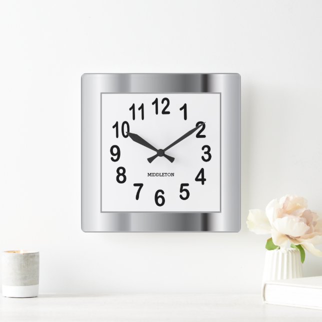 Silver Frame und Black Numbers Quadratische Wanduhr (Zuhause)
