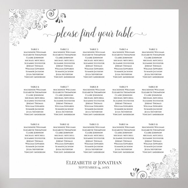 Silver Frills 15 Table Wedding Seating Chart White Poster (Vorne)