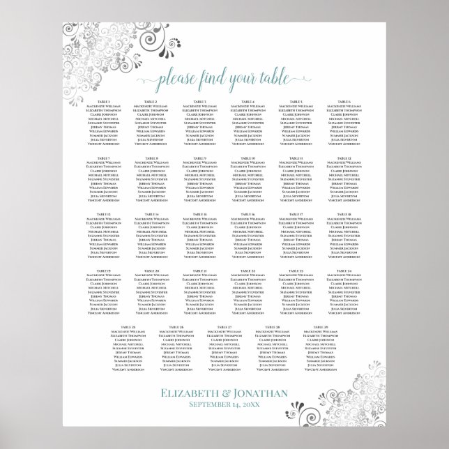 Silver Frills 29 Table Wedding Seating Chart Aquam Poster (Vorne)