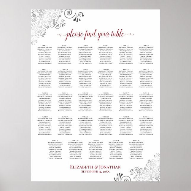 Silver Frills 29 Table Wedding Seating Chart Red Poster (Vorne)