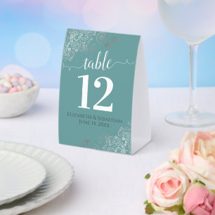 Silver Frills Aquamarin Türkis Wedding Tischnummer Tischaufsteller