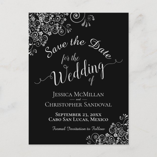Silver Frills auf Black Chic Wedding Save the Date Ankündigungspostkarte (Vorderseite)