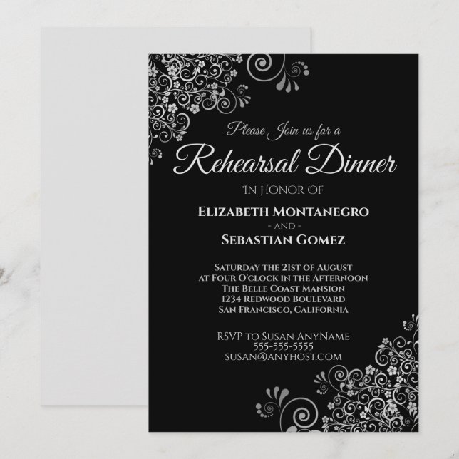 Silver Frills auf Black Wedding Probe Dinner Einladung (Vorne/Hinten)
