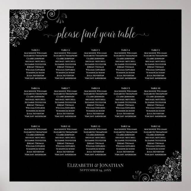 Silver Frills Black 15 Table Wedding Seating Chart Poster (Vorne)