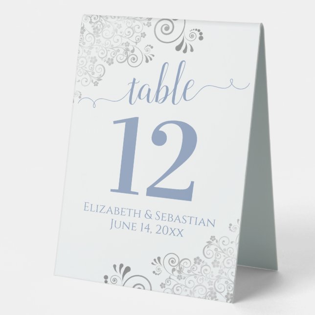 Silver Frills Blue on White Wedding Tischnummer Tischaufsteller (Vorderseite)