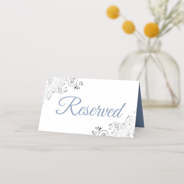 Silver Frills Blue White Elegant Wedding vorbehalt Platzkarte (Rückseite)