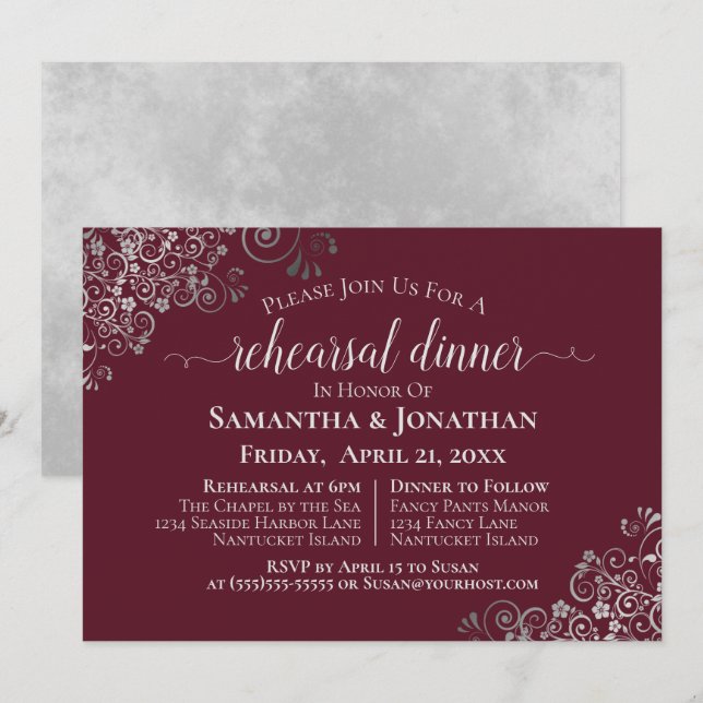 Silver Frills Burgundy Wedding Probe & Dinner Einladung (Vorne/Hinten)