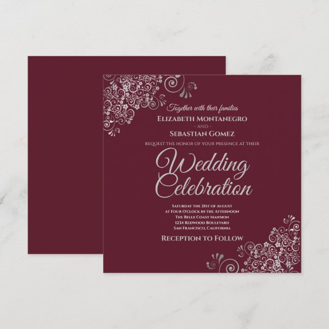 Silver Frills Burguny Elegante Square Chic Wedding Einladung (Vorne/Hinten)