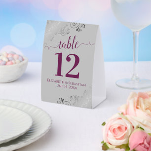 Silver Frills Cassis & Gray Wedding Tischnummer Tischaufsteller