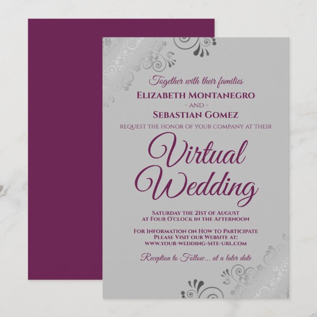 Silver Frills Cassis Lila & Gray Virtual Wedding Einladung (Vorne/Hinten)