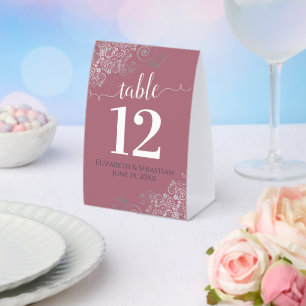 Silver Frills Dusty Rose Pink Wedding Tischnummer Tischaufsteller