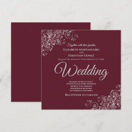 Silver Frills Elegant Burgundy Square Wedding Einladung