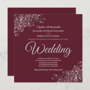 Silver Frills Elegant Burgundy Square Wedding Einladung