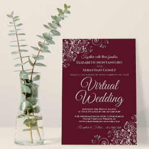 Silver Frills Elegant Burgundy Virtual Wedding Einladung