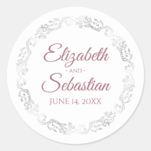 Silver Frills Elegant Dusty Rose & White Wedding Runder Aufkleber