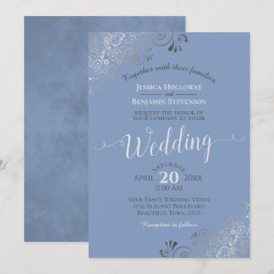 Silver Frills Elegant Gray on Light Blue Wedding Einladung