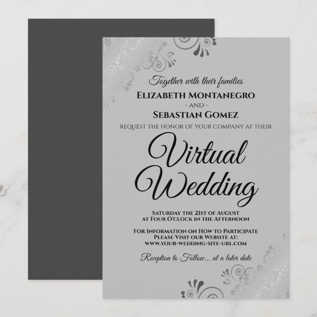 Silver Frills Elegant Gray Virtual Wedding Einladung (Vorne/Hinten)