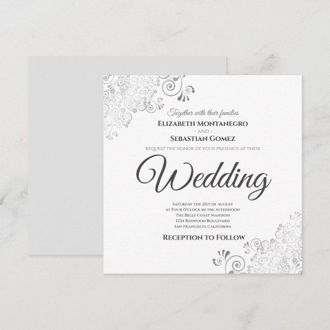 Silver Frills Elegant Gray & White Square Wedding Einladung (Vorne/Hinten)