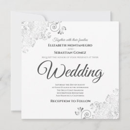 Silver Frills Elegant Gray & White Square Wedding Einladung