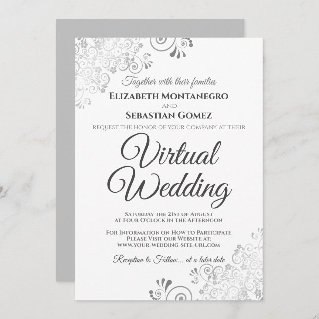 Silver Frills Elegant Gray & White Virtual Wedding Einladung (Vorne/Hinten)